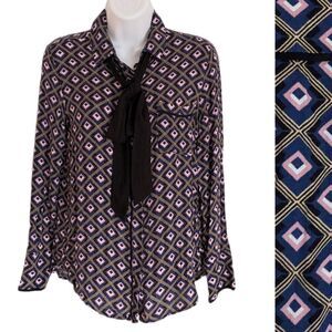 Mango Abstract Print Navy Pink Blouse With Bow Tie Neck Top Viscose XS @V